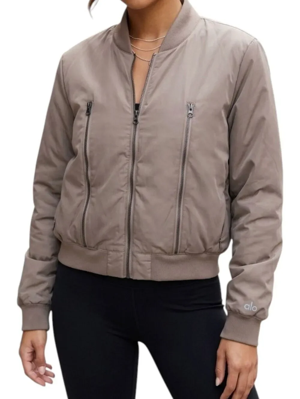 Alo Yoga Off-Duty Bomber Jacket - Taupe / Brownish Gray - Size Large
